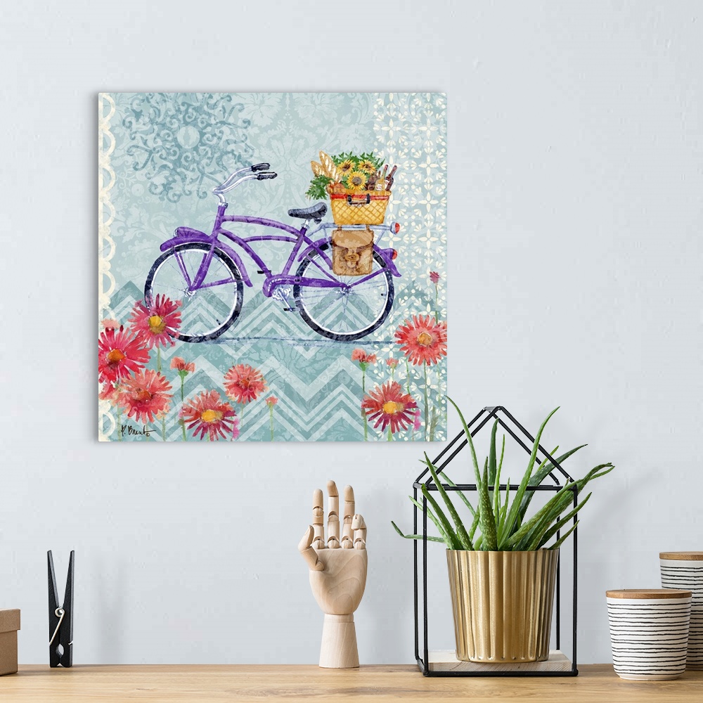 A bohemian room featuring Decorative panel of a vintage bicycle with a basket of flowers on a textured background and flowe...