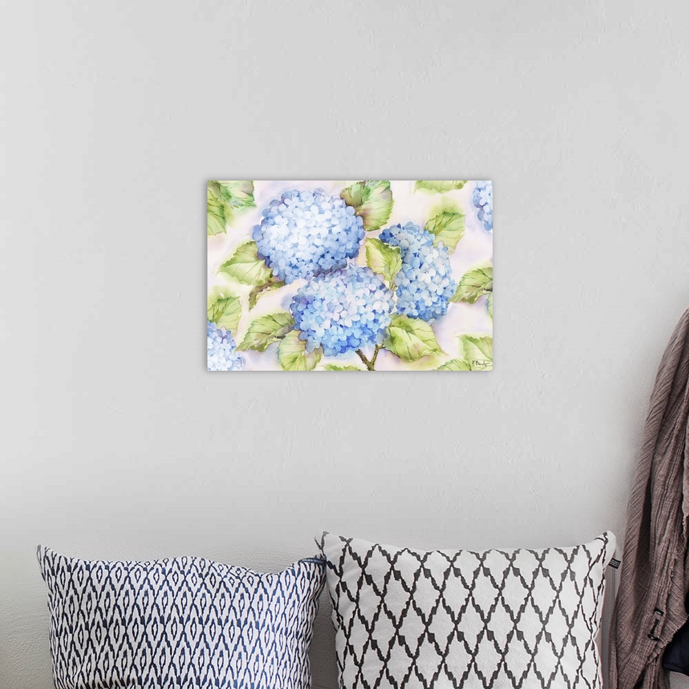 A bohemian room featuring Large watercolor painting of blue hydrangeas and their green leaves on a white background.