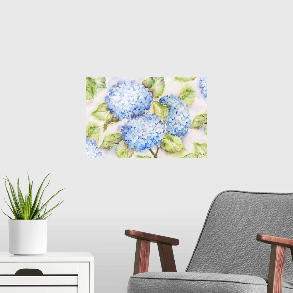 A modern room featuring Large watercolor painting of blue hydrangeas and their green leaves on a white background.