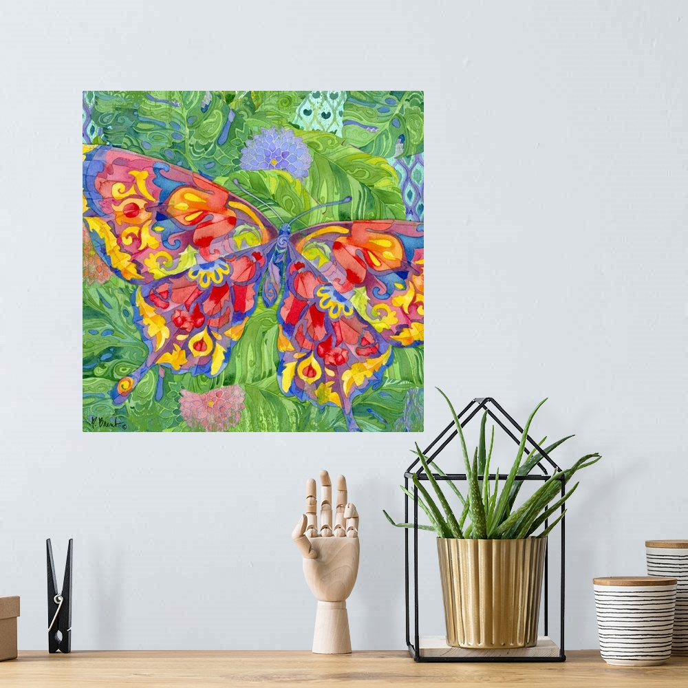 A bohemian room featuring Square watercolor painting of a beautifully designed butterfly in bright colors on a background m...