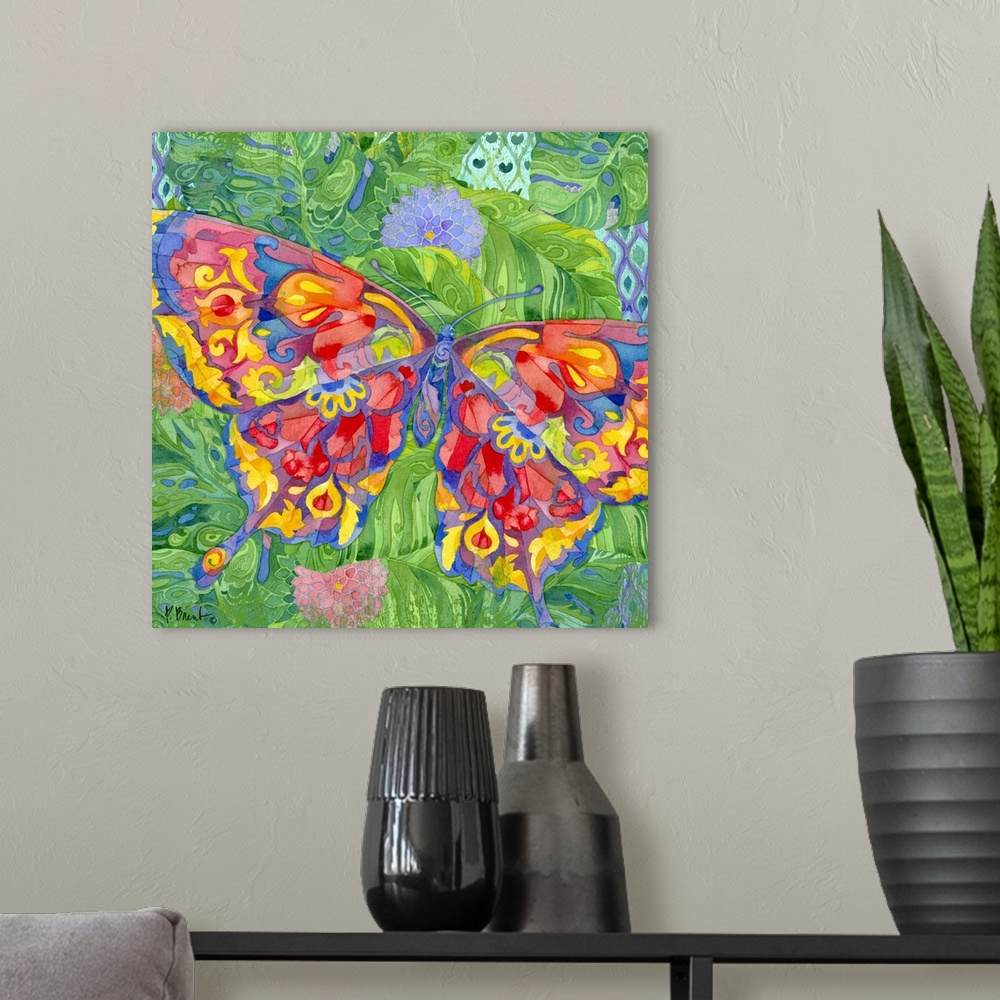 A modern room featuring Square watercolor painting of a beautifully designed butterfly in bright colors on a background m...