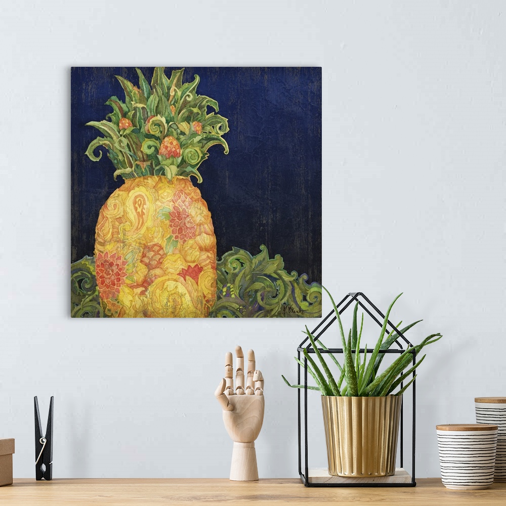 A bohemian room featuring Detailed watercolor painting of a pineapple on a dark blue background.