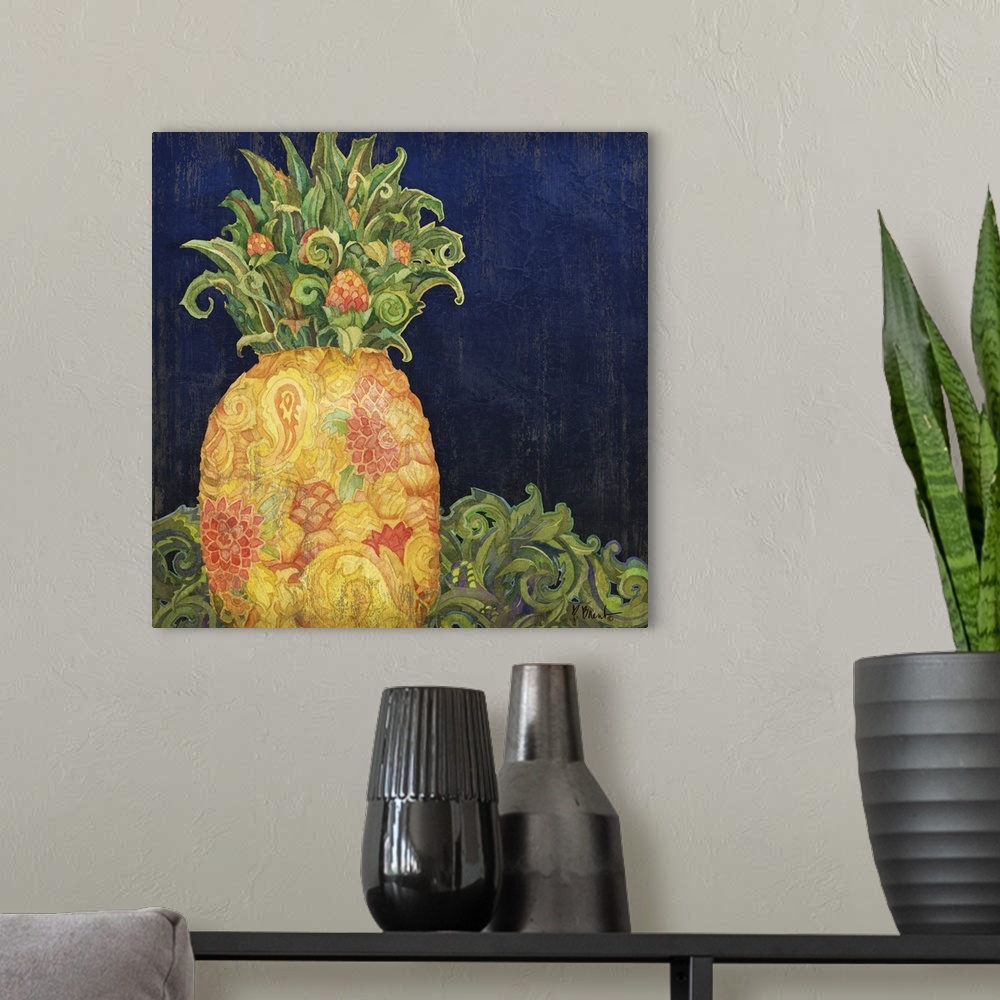 A modern room featuring Detailed watercolor painting of a pineapple on a dark blue background.