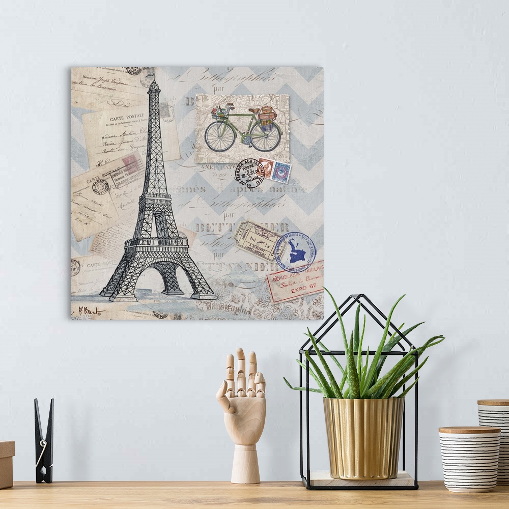 A bohemian room featuring Mixed media panel showcasing a travel themed collection, including postcards, stamps, a bicycle, ...