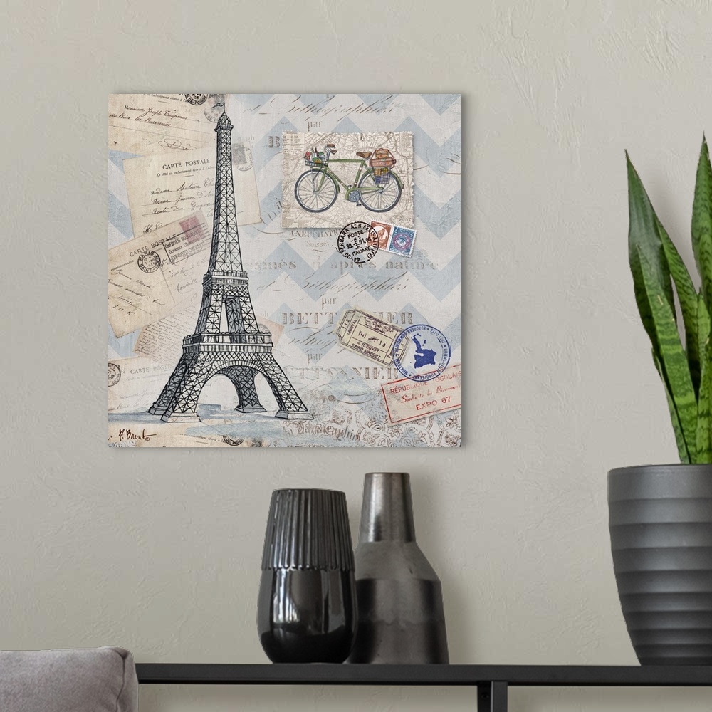 A modern room featuring Mixed media panel showcasing a travel themed collection, including postcards, stamps, a bicycle, ...