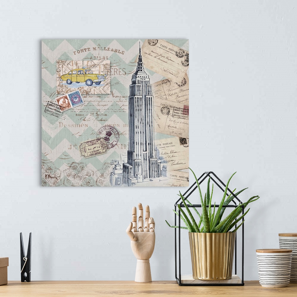 A bohemian room featuring Mixed media panel showcasing a travel themed collection, including postcards, stamps, a taxi, and...