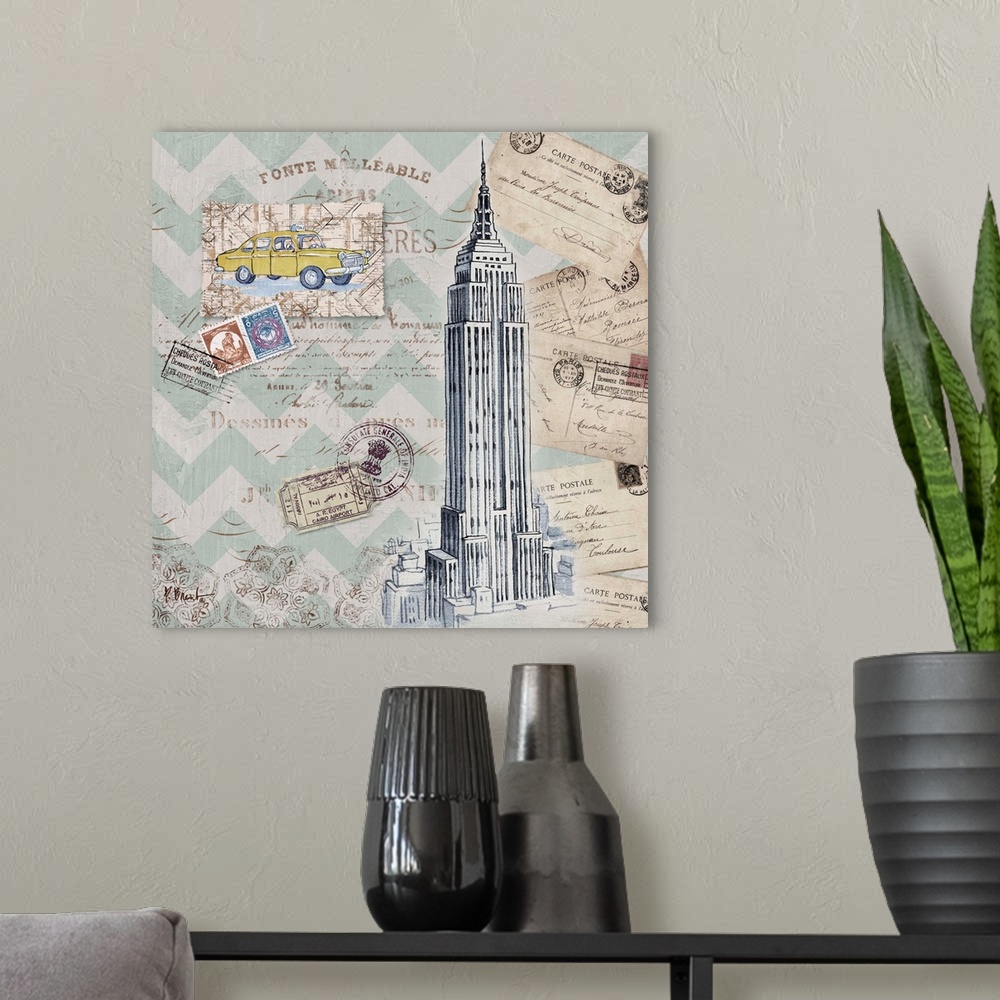 A modern room featuring Mixed media panel showcasing a travel themed collection, including postcards, stamps, a taxi, and...