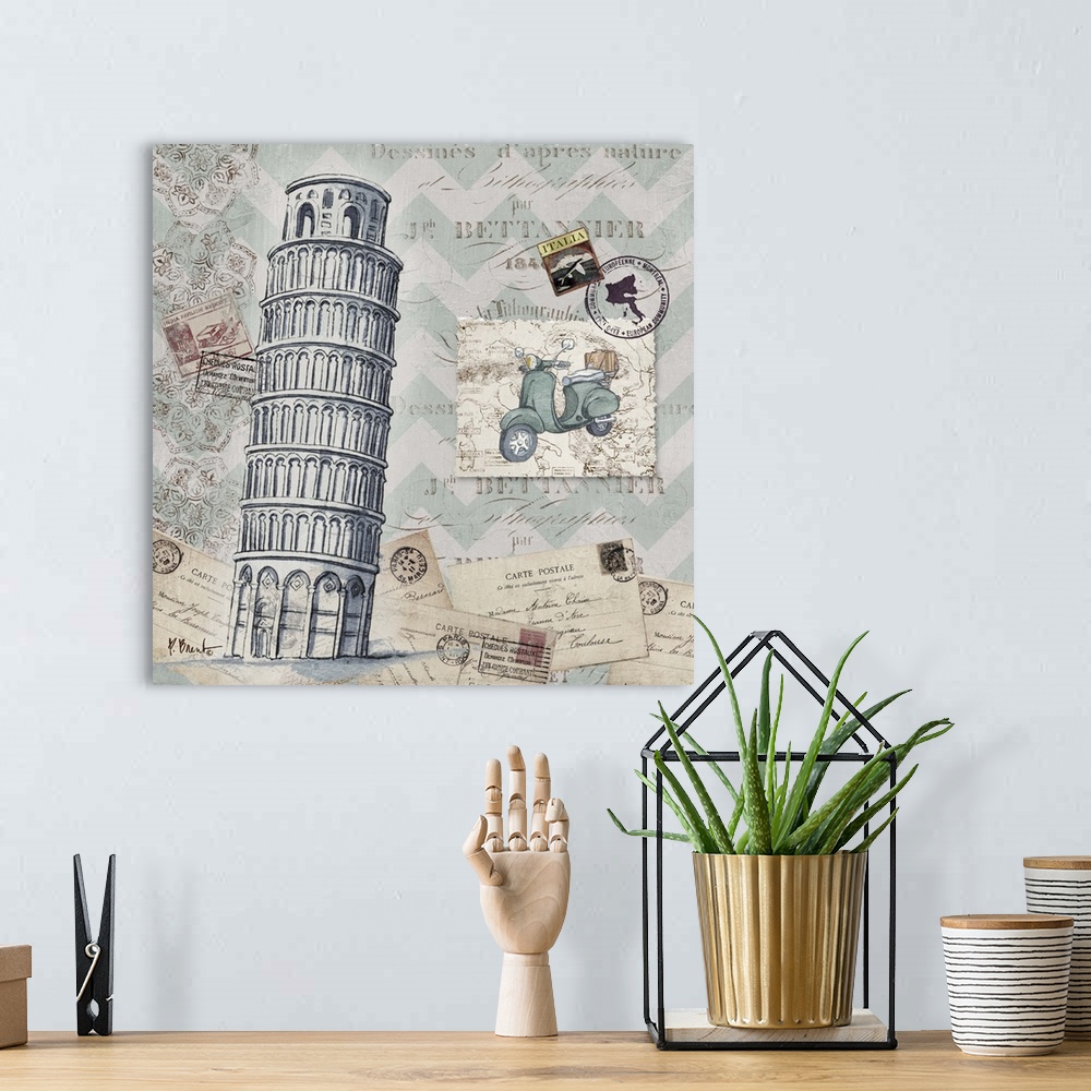 A bohemian room featuring Mixed media panel showcasing a travel themed collection, including postcards, stamps, a vespa, an...