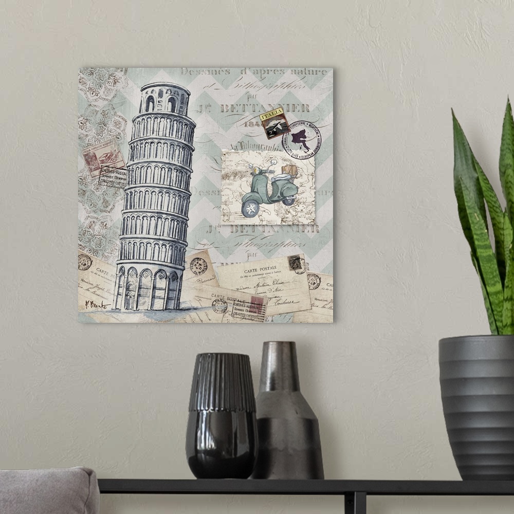 A modern room featuring Mixed media panel showcasing a travel themed collection, including postcards, stamps, a vespa, an...