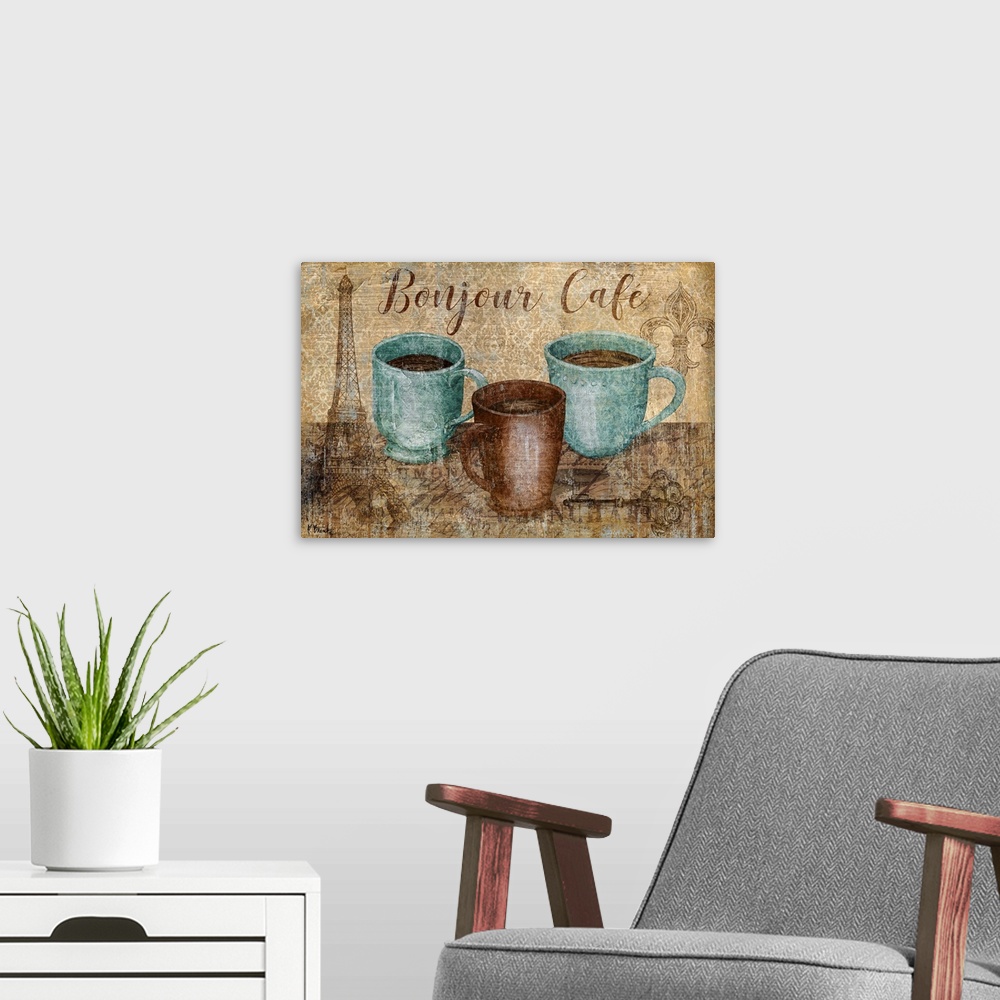 A modern room featuring Decorative artwork of three mugs of coffee with French themed designs.
