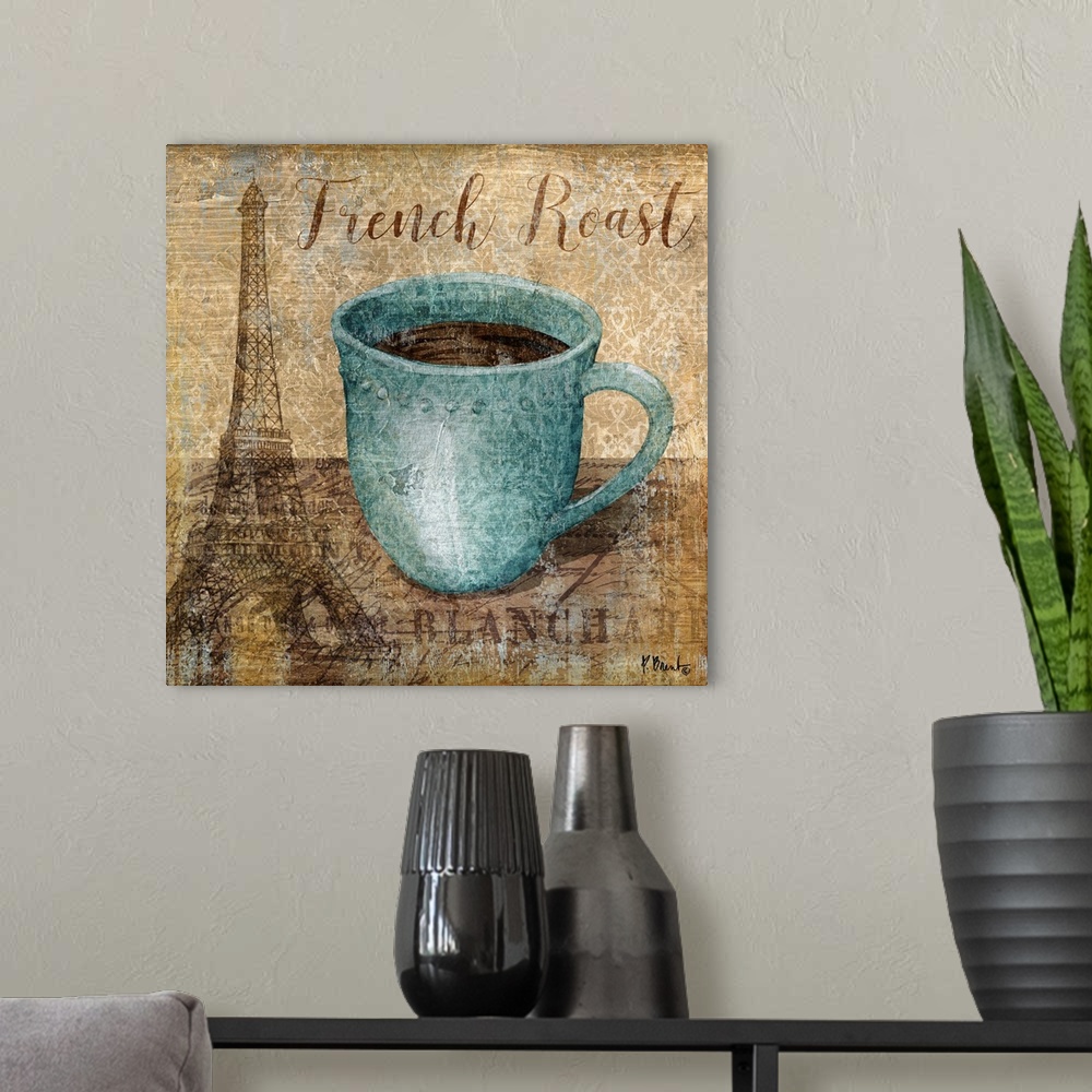 A modern room featuring Decorative artwork of a blue mug of coffee with the words "French Roast."