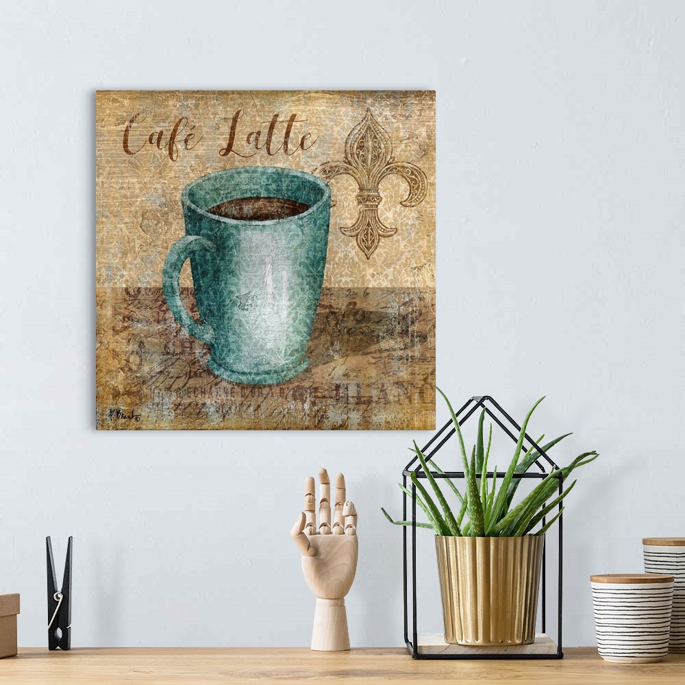 A bohemian room featuring Decorative artwork of a blue mug of coffee with the words "Cafe Latte."
