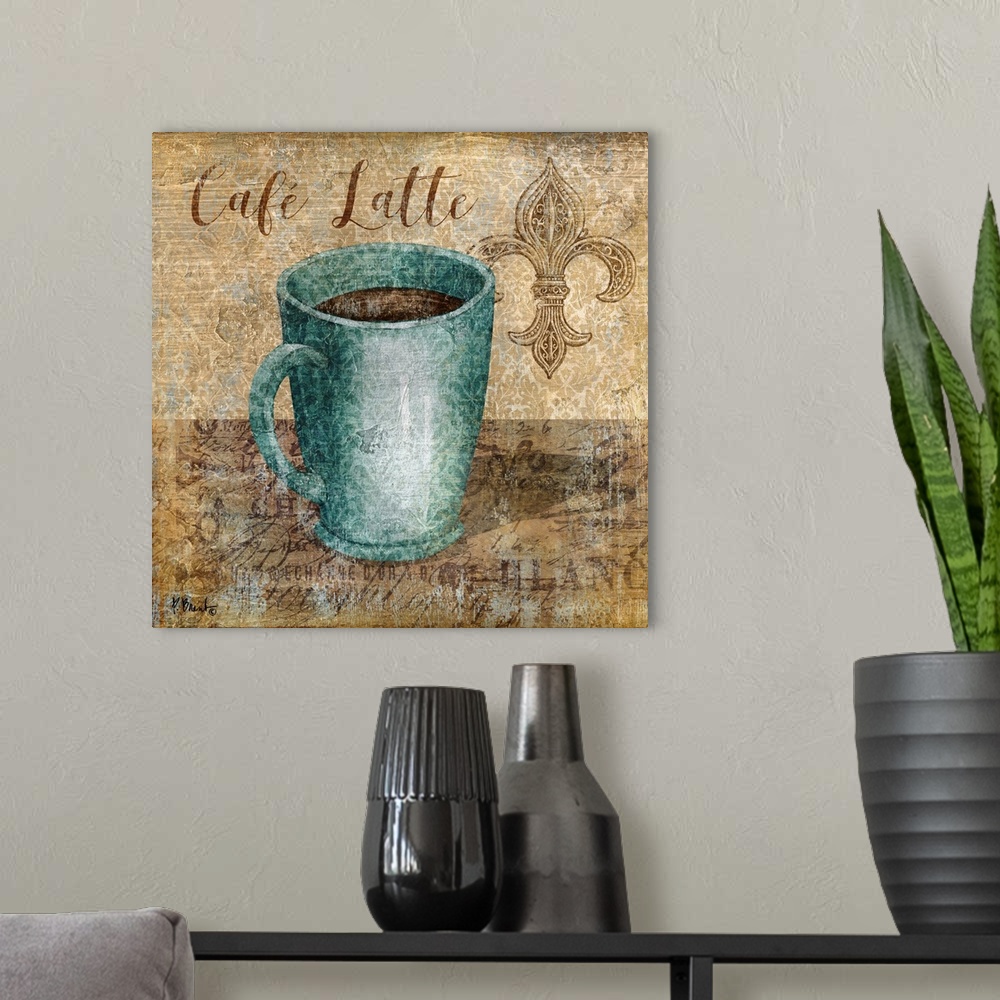 A modern room featuring Decorative artwork of a blue mug of coffee with the words "Cafe Latte."