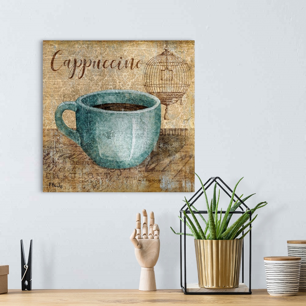 A bohemian room featuring Decorative artwork of a blue mug of coffee with the words "Cappuccino."