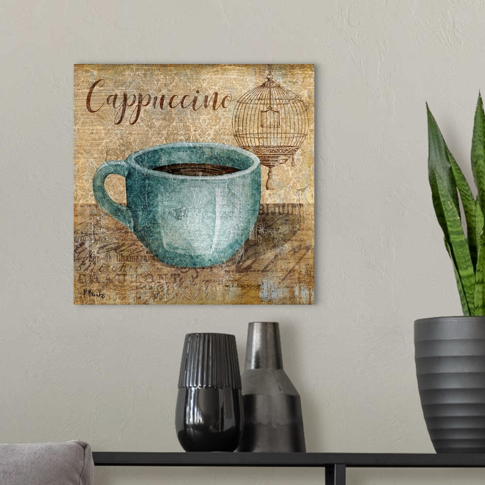 A modern room featuring Decorative artwork of a blue mug of coffee with the words "Cappuccino."