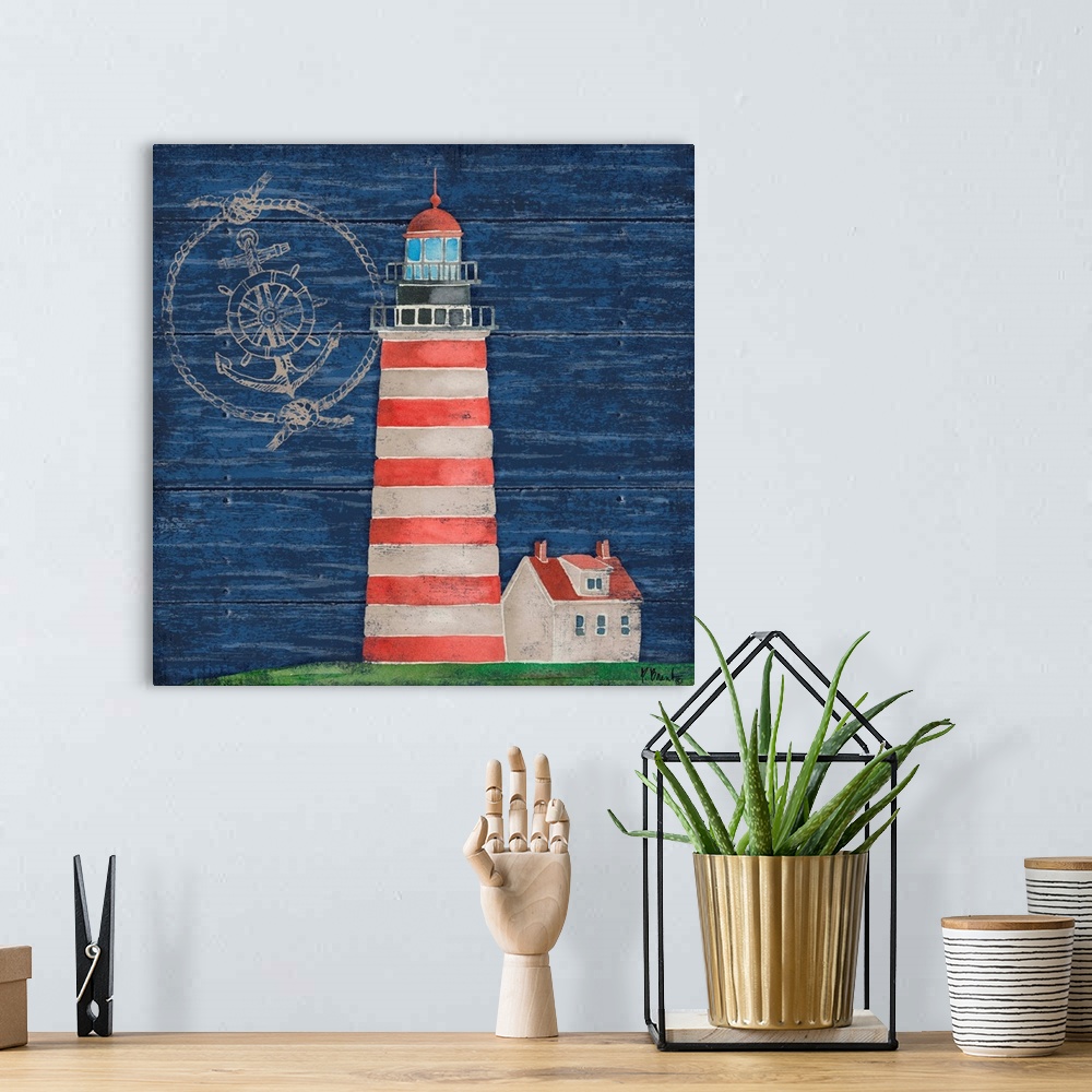 A bohemian room featuring Painting of a red and white striped lighthouse on a blue wooden background.
