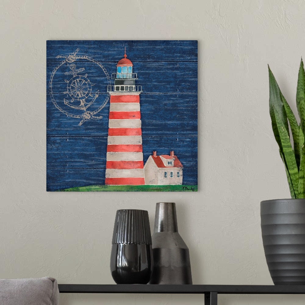 A modern room featuring Painting of a red and white striped lighthouse on a blue wooden background.