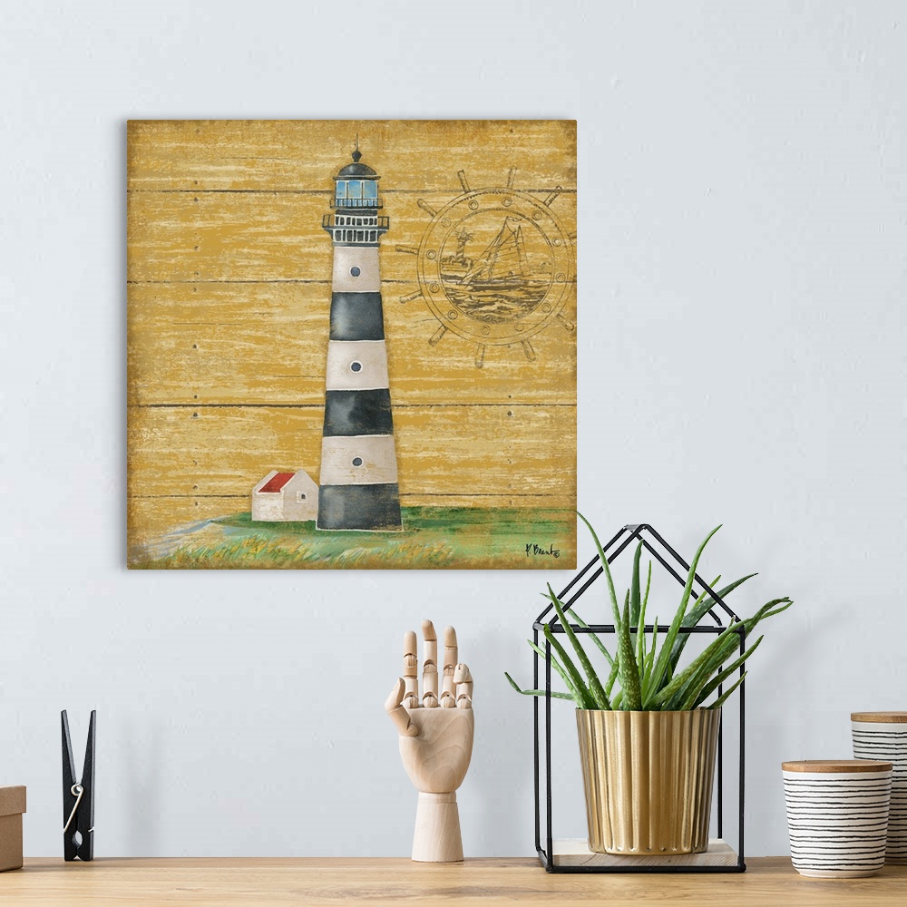 A bohemian room featuring Painting of a black and white striped lighthouse on a yellow wooden background.