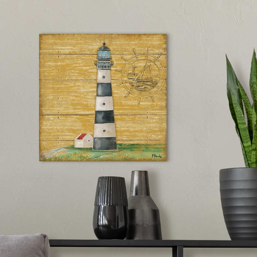 A modern room featuring Painting of a black and white striped lighthouse on a yellow wooden background.