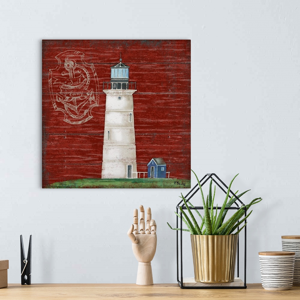 A bohemian room featuring Painting of a white lighthouse on a red wooden background.