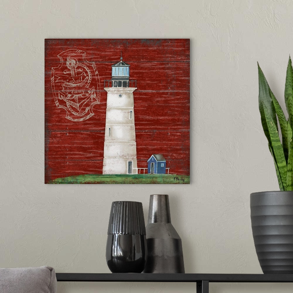 A modern room featuring Painting of a white lighthouse on a red wooden background.