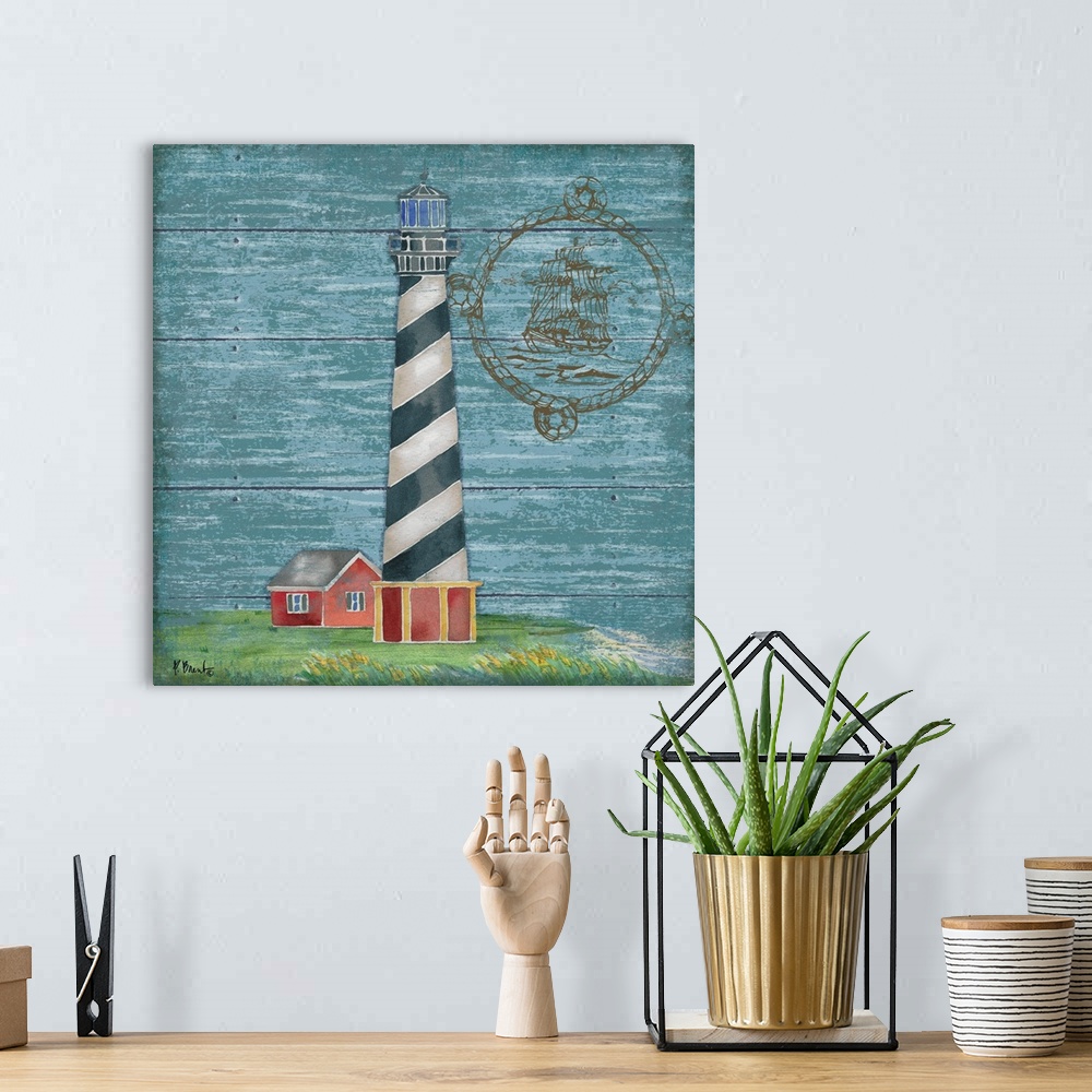 A bohemian room featuring Painting of a black and white striped lighthouse on a light blue wooden background.