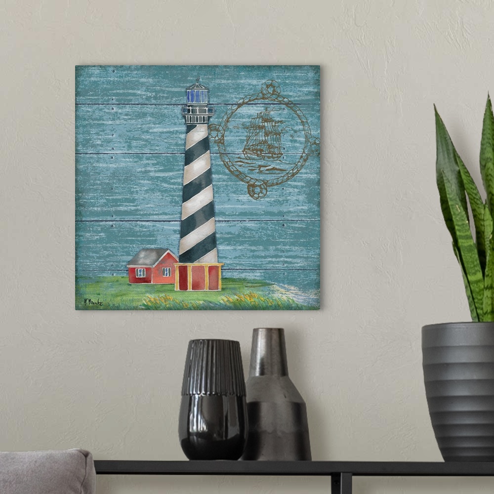 A modern room featuring Painting of a black and white striped lighthouse on a light blue wooden background.