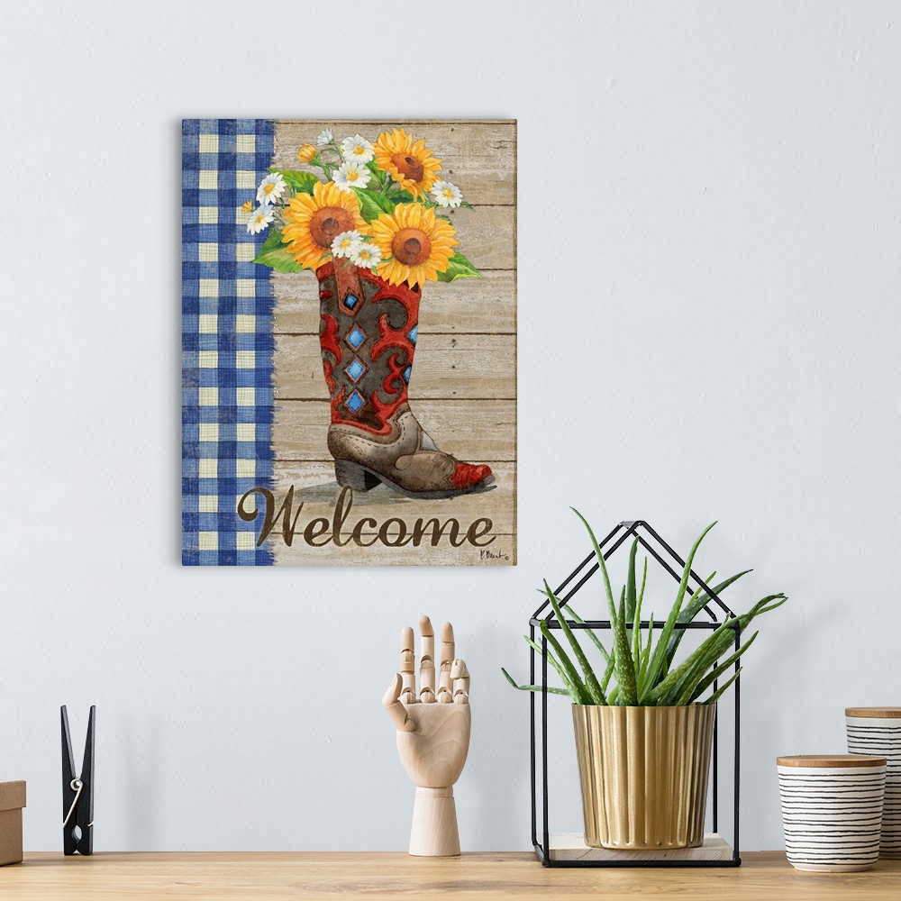 A bohemian room featuring Western style decor with a cowboy boot filled with sunflowers and daisies on a wood background wi...