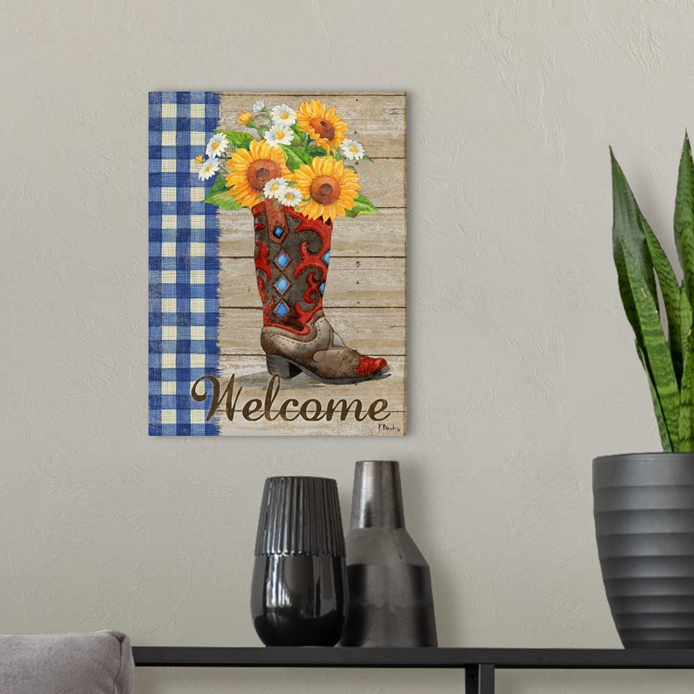 A modern room featuring Western style decor with a cowboy boot filled with sunflowers and daisies on a wood background wi...