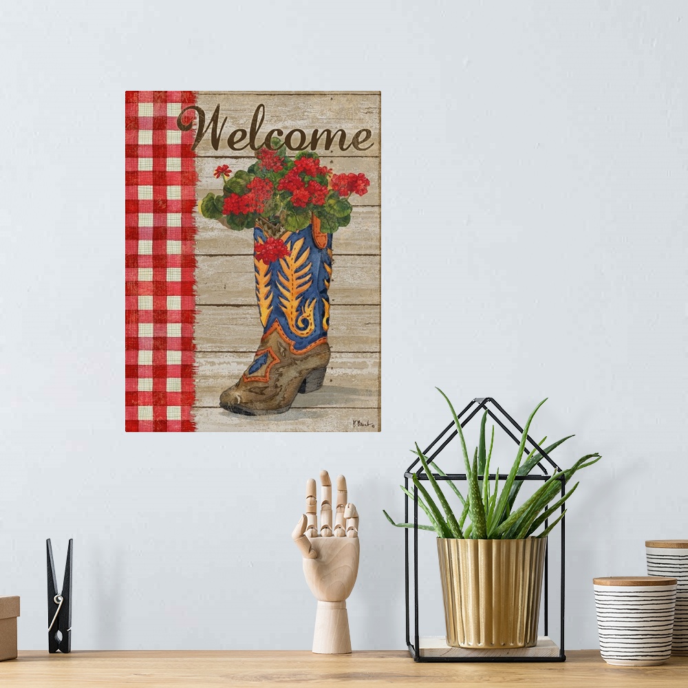 A bohemian room featuring Western style decor with a cowboy boot filled with small red flowers on a wood background with a ...