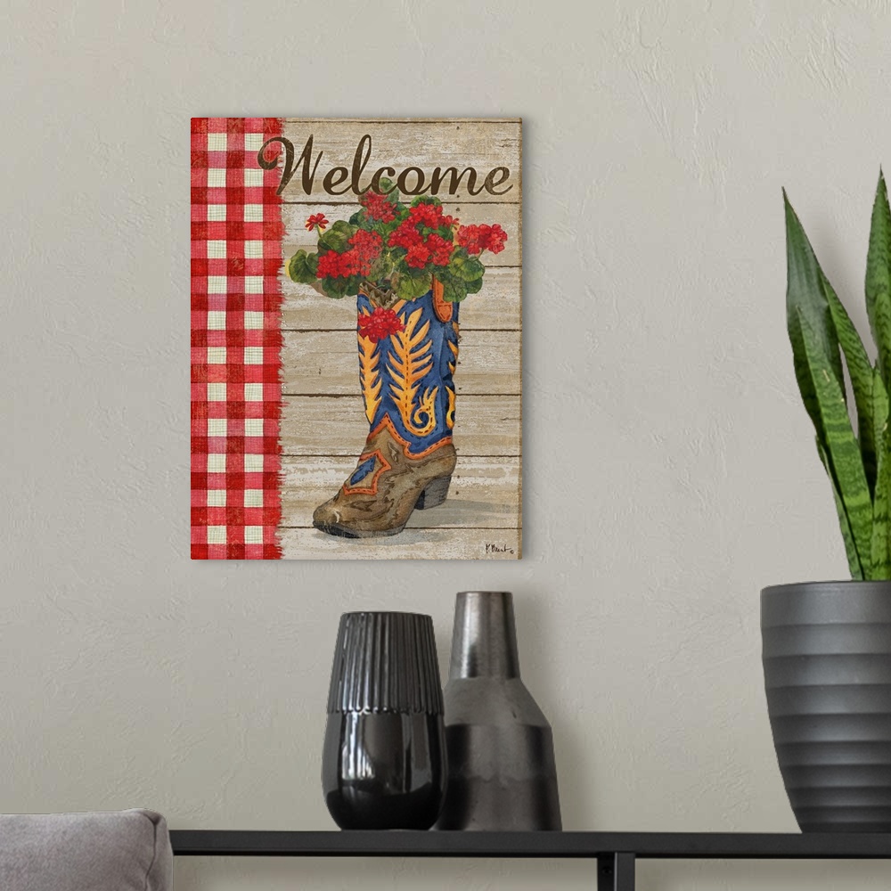 A modern room featuring Western style decor with a cowboy boot filled with small red flowers on a wood background with a ...