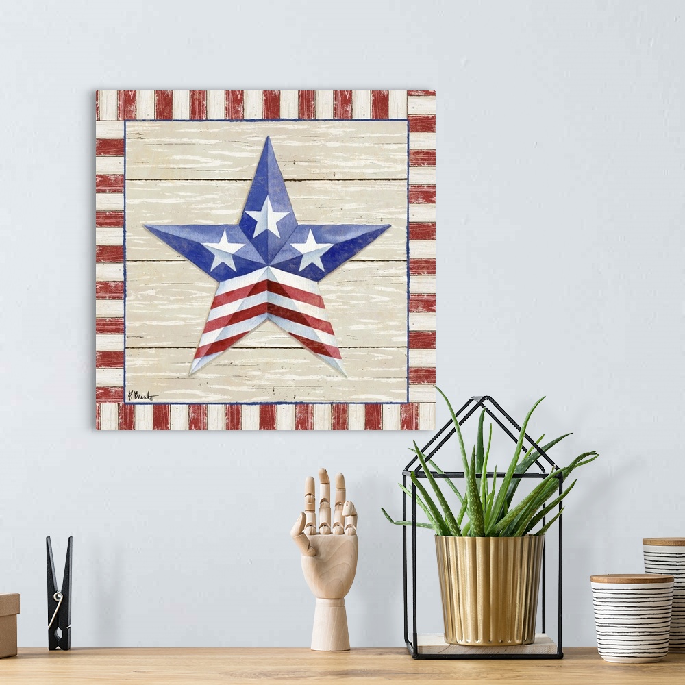 A bohemian room featuring Folk art style painting of a patriotic star with a striped border on wood panels.