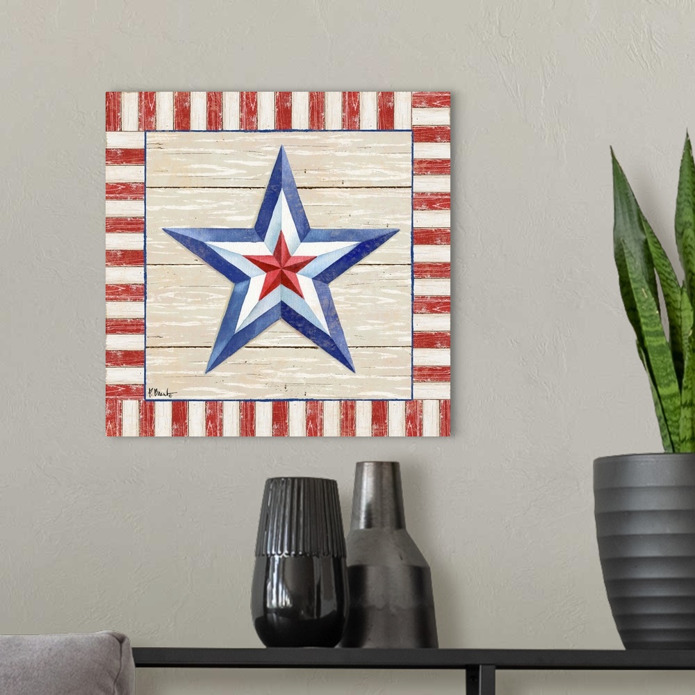 A modern room featuring Folk art style painting of a patriotic star with a striped border on wood panels.