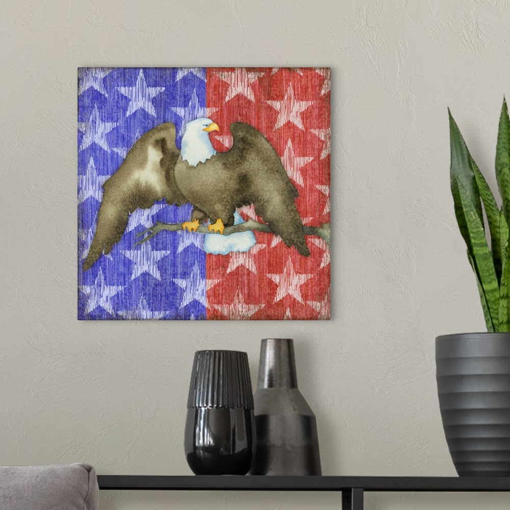 A modern room featuring Painting of a bald eagle over a red and blue starry pattern.