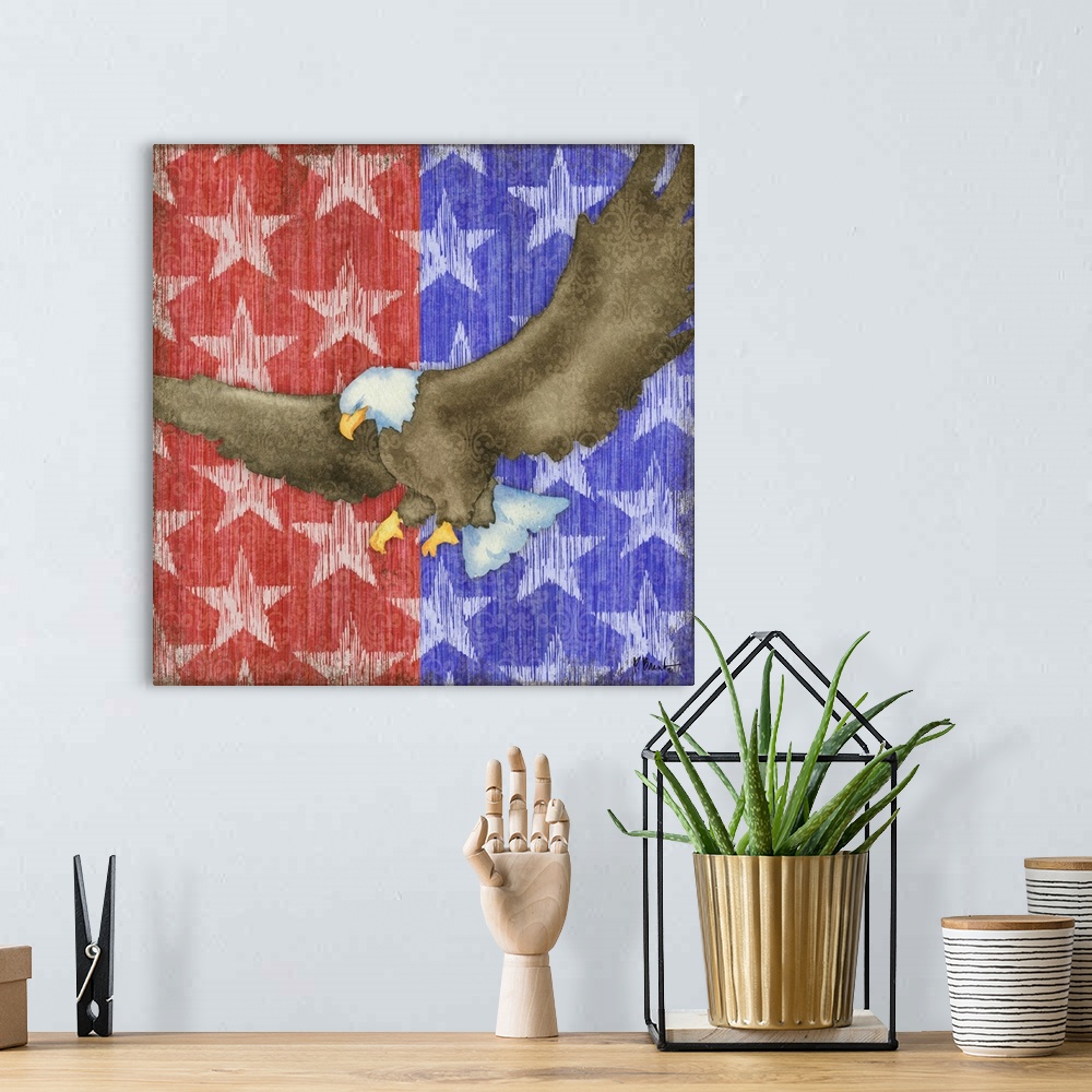 A bohemian room featuring Painting of a bald eagle over a red and blue starry pattern.