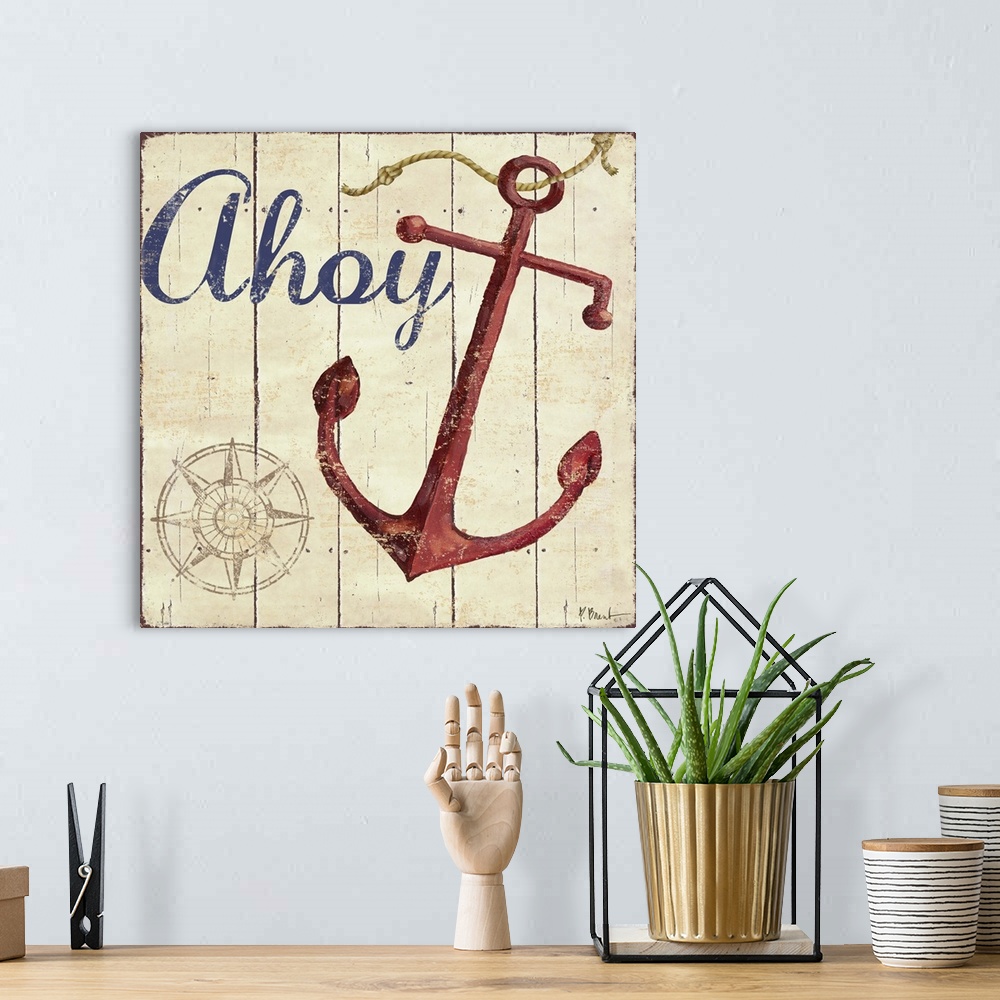 A bohemian room featuring Painted nautical sign on wood panels with a compass rose, an anchor, and the word Ahoy.