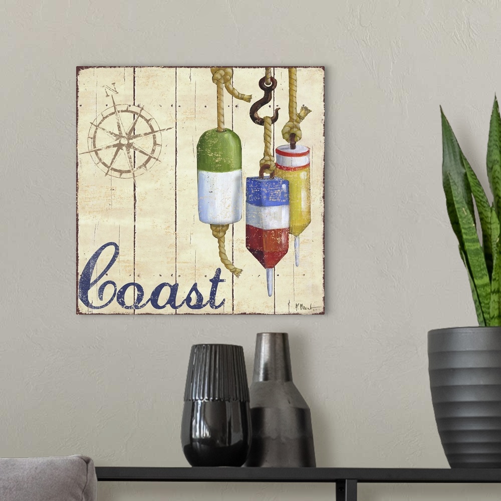 A modern room featuring Painted nautical sign on wood panels with a compass rose, buoys, and the word Coast.