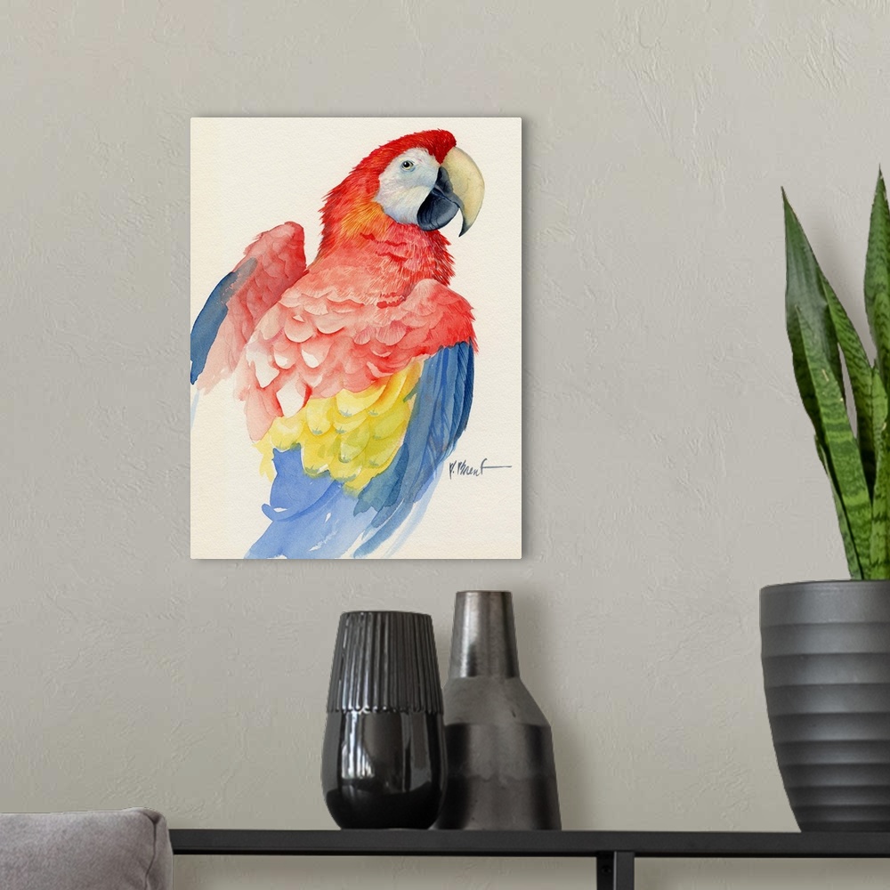 A modern room featuring Watercolor painting of a scarlet macaw parrot.