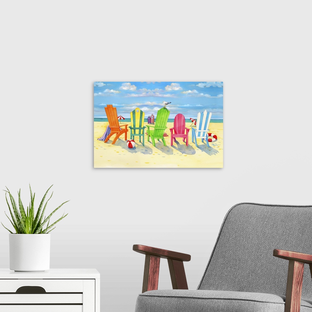 A modern room featuring Contemporary painting of a row of colorful beach chairs on Brighton beach.