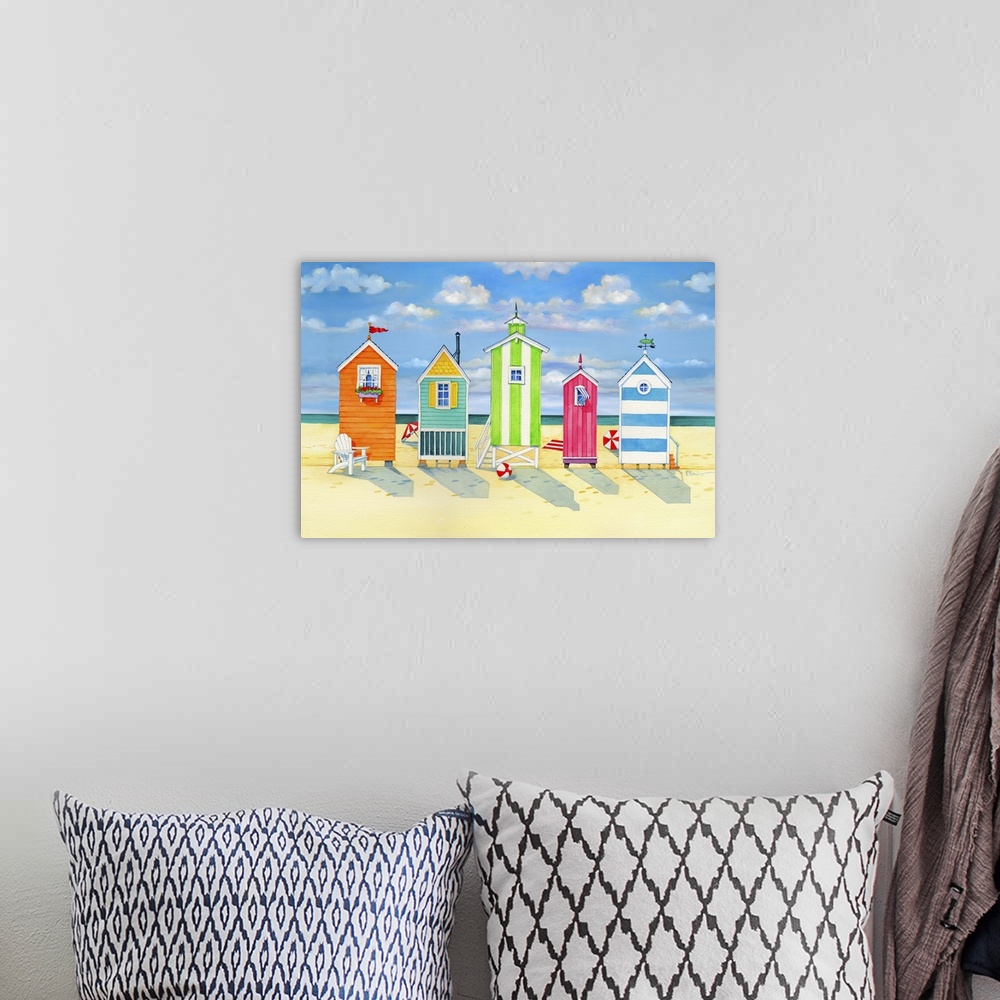 A bohemian room featuring Contemporary painting of a row of colorful changing huts on Brighton beach.