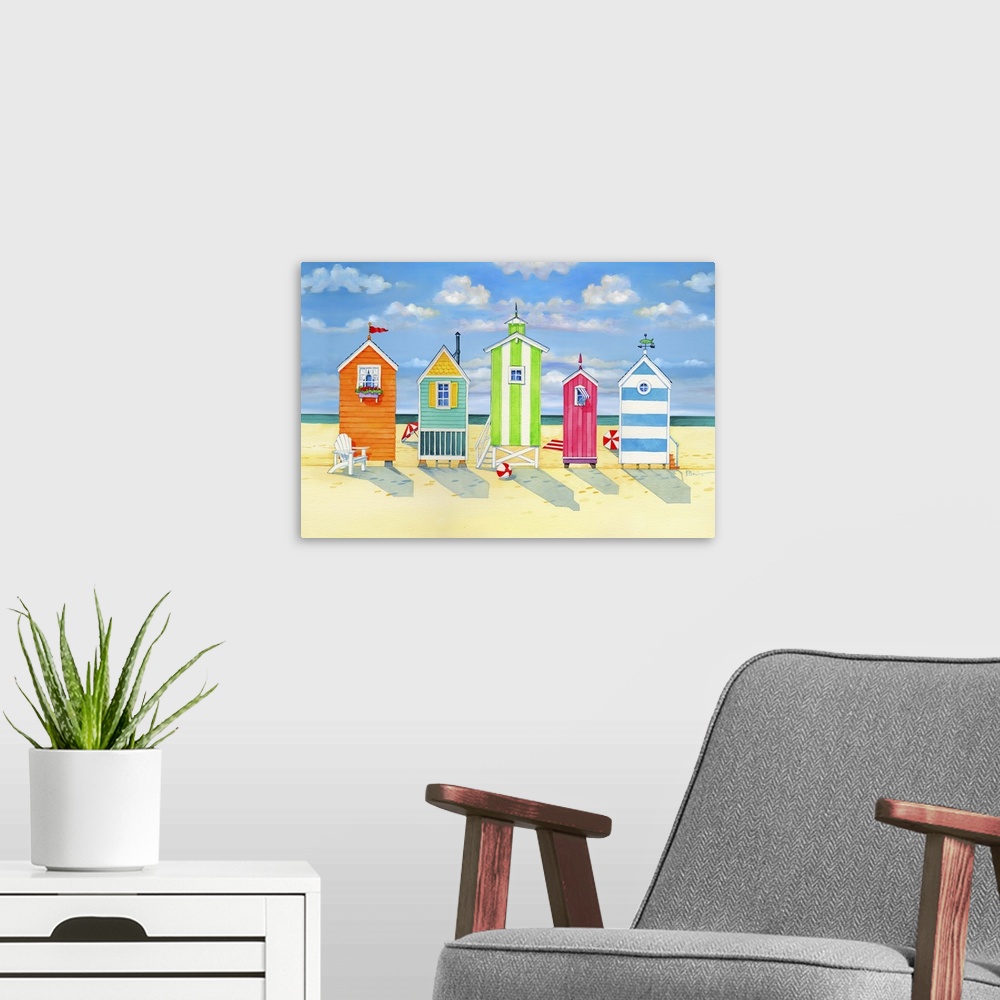 A modern room featuring Contemporary painting of a row of colorful changing huts on Brighton beach.