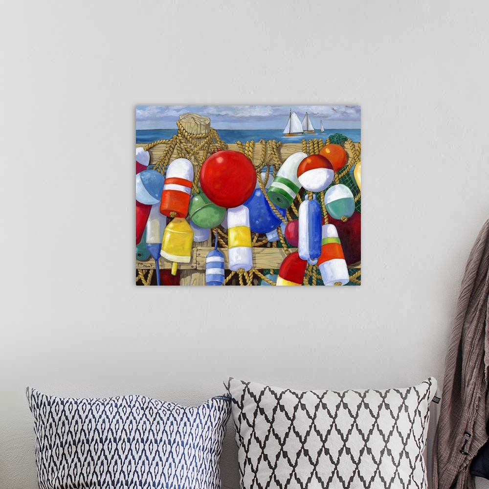 A bohemian room featuring Contemporary painting of a group of buoys and rope hanging on a pier.