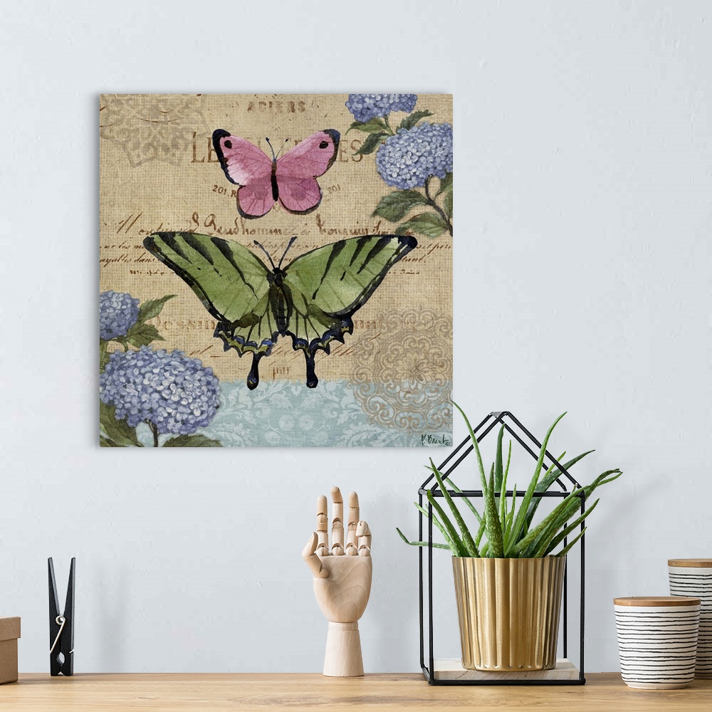 A bohemian room featuring Decorative mixed media panel featuring two colorful butterflies, hydrangeas, and a vintage letter.