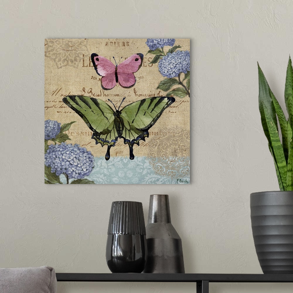 A modern room featuring Decorative mixed media panel featuring two colorful butterflies, hydrangeas, and a vintage letter.