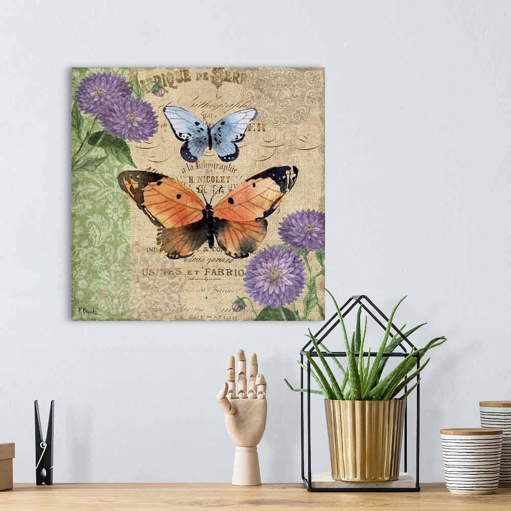 A bohemian room featuring Decorative mixed media panel featuring two colorful butterflies, zinnias, and a vintage letter.