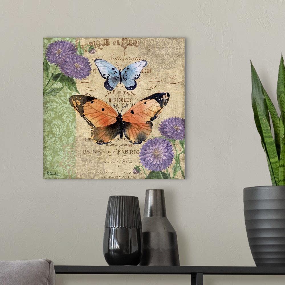 A modern room featuring Decorative mixed media panel featuring two colorful butterflies, zinnias, and a vintage letter.