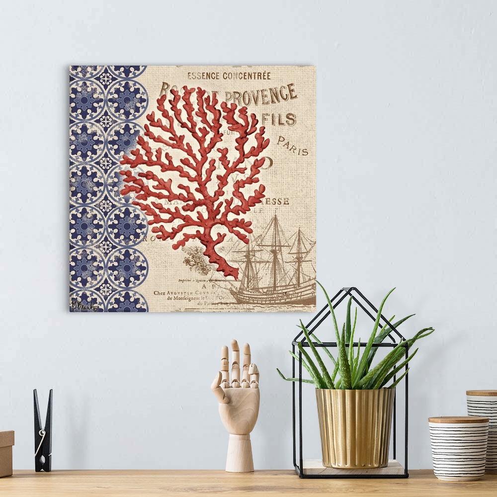 A bohemian room featuring Decorative mixed media panel featuring a coral silhouette, a vintage letter, and a floral pattern.