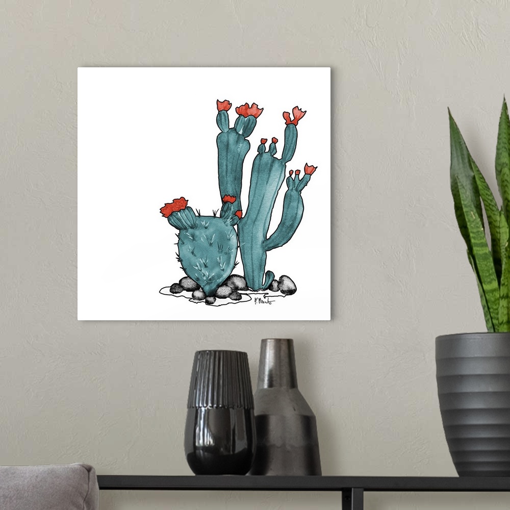 A modern room featuring Contemporary painting of a watercolor cactus.