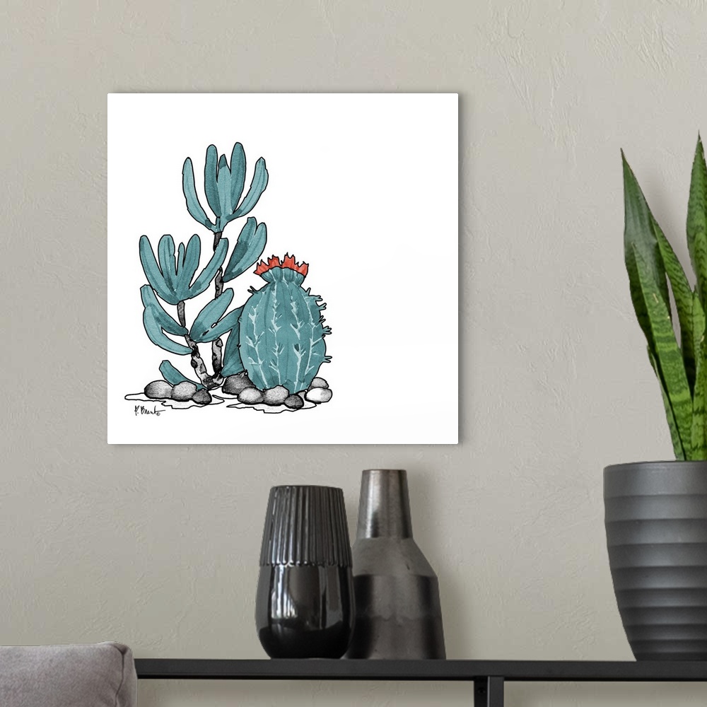 A modern room featuring Contemporary painting of a watercolor cactus.