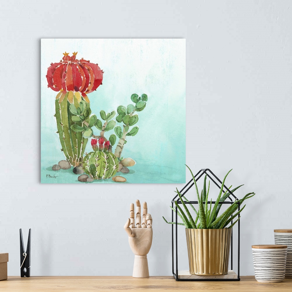 A bohemian room featuring Square watercolor painting of cacti on a light blue and white background.